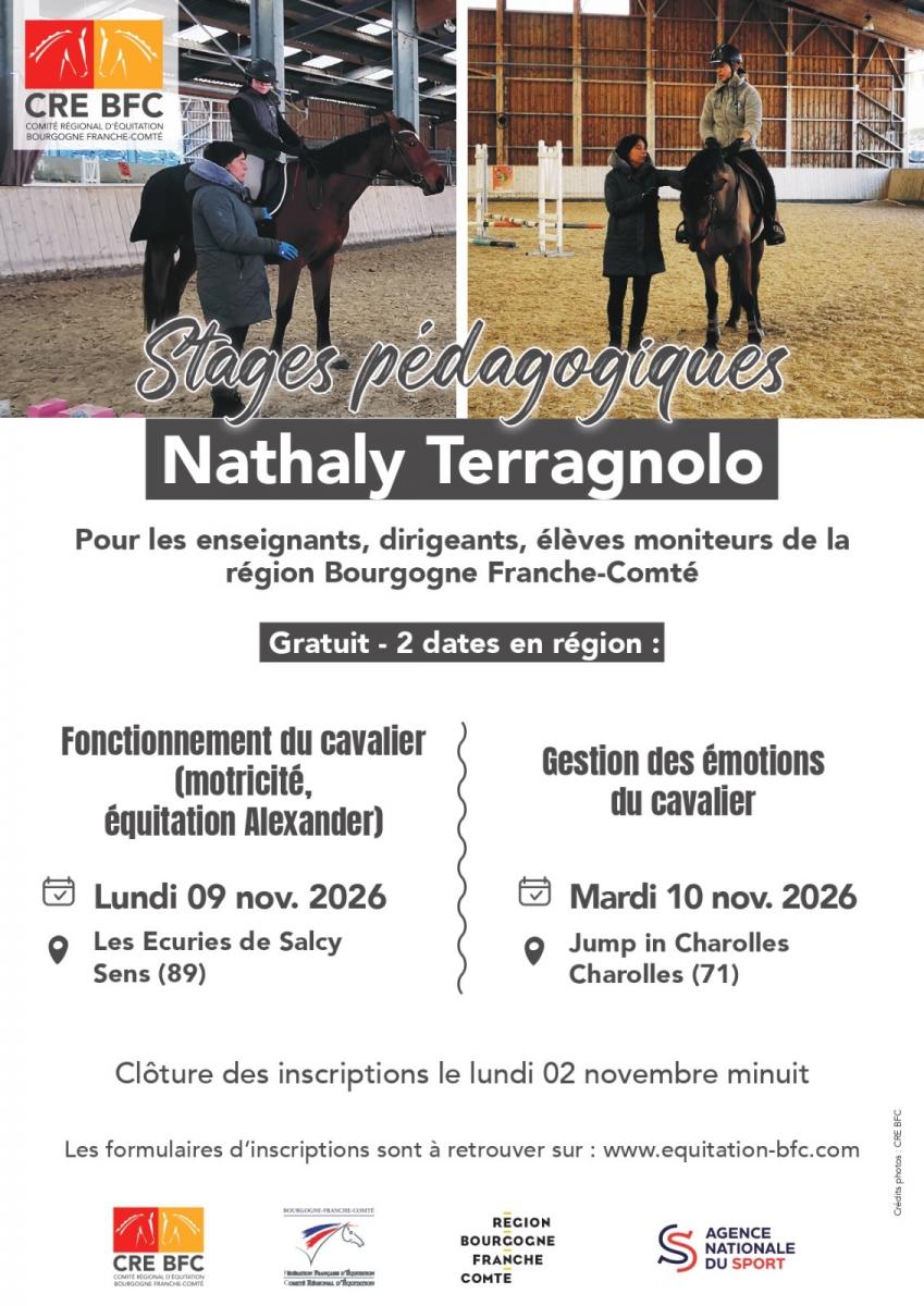 Stages pédagogiques découvertes pour les enseignants et les dirigeants de structures équestres sur le fonctionnement du cavalier à travers la motricité, et sur sa gestion des émotions. Stage avec Nathaly Terragnolo 