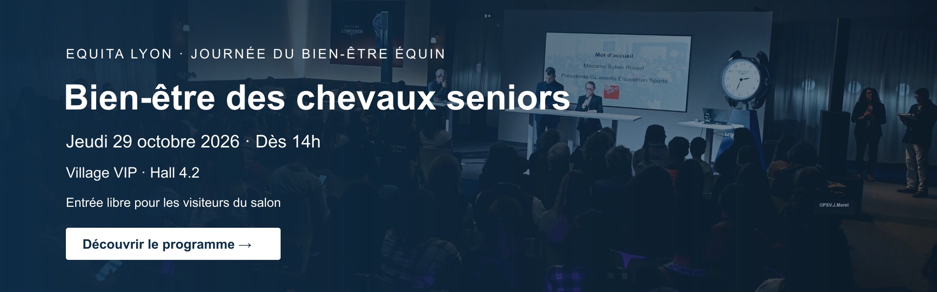 Journée du bien-être équin : chevaux seniors, jeudi 29 octobre 2026 dès 14h à Equita Lyon. Découvrir le programme.